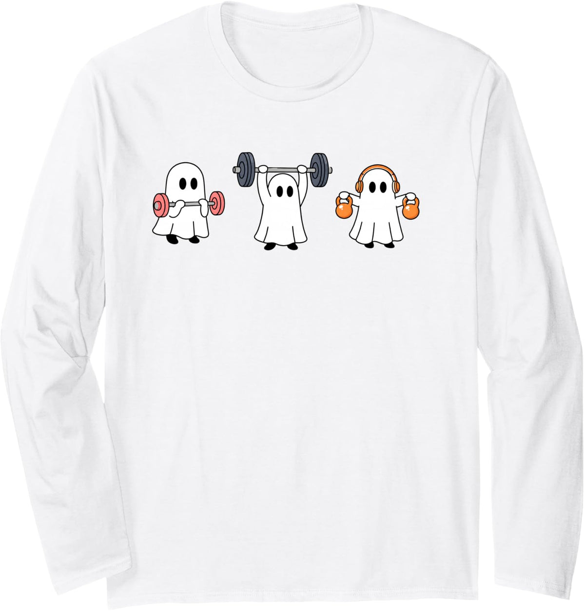 Working Out Ghost Gym Halloween Fitness Weightlifting Long Sleeve T-Shirt - Adult Unisex White