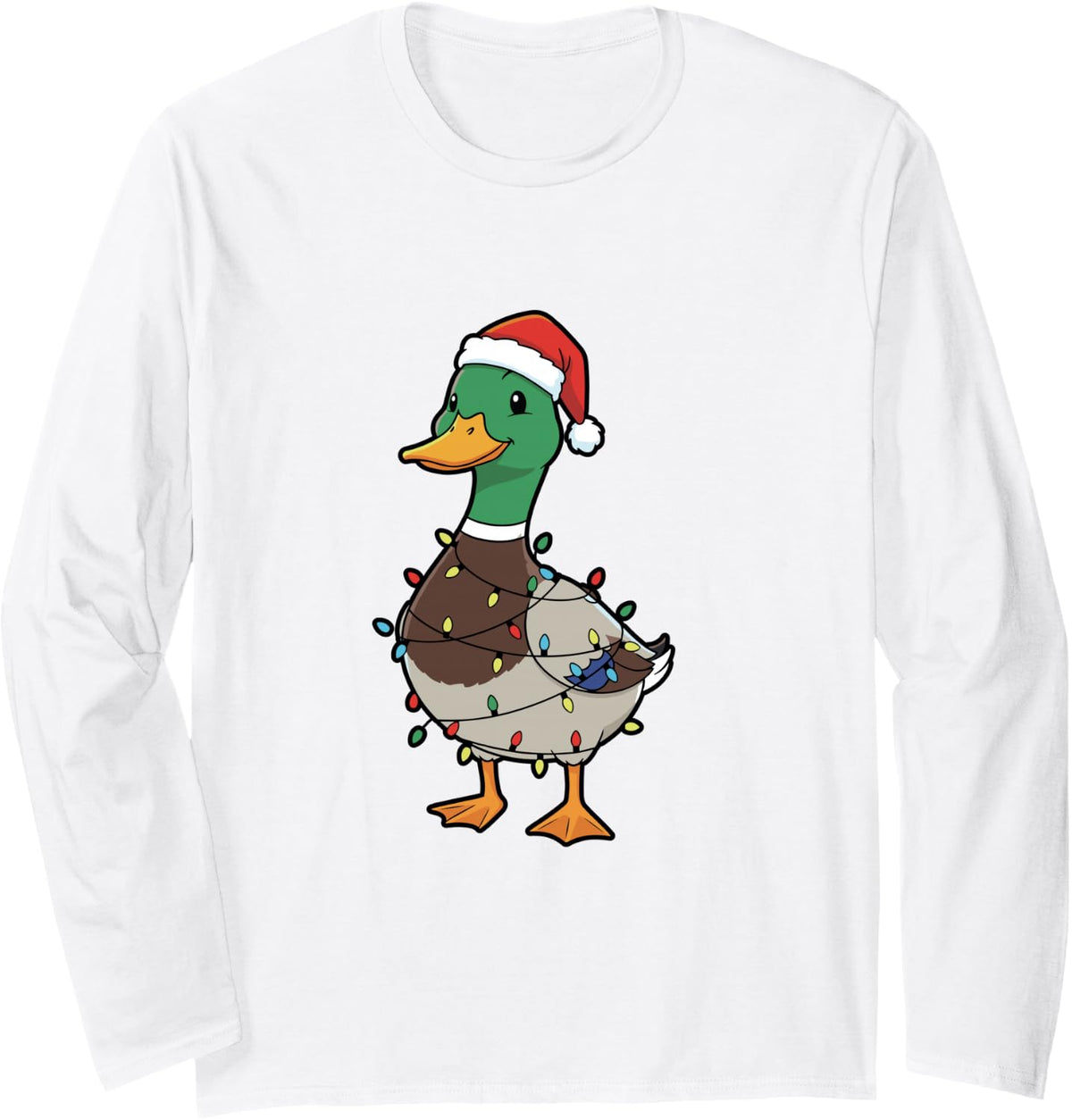 Cute Christmas Duck Mallard with Xmas Lights Long Sleeve T-Shirt - Adult Unisex White