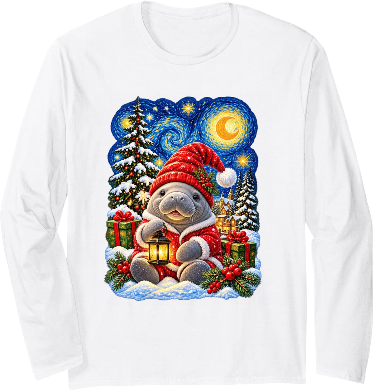 Christmas Manatee Van Gogh Starry Sky for Men Women Long Sleeve T-Shirt - Adult Unisex White