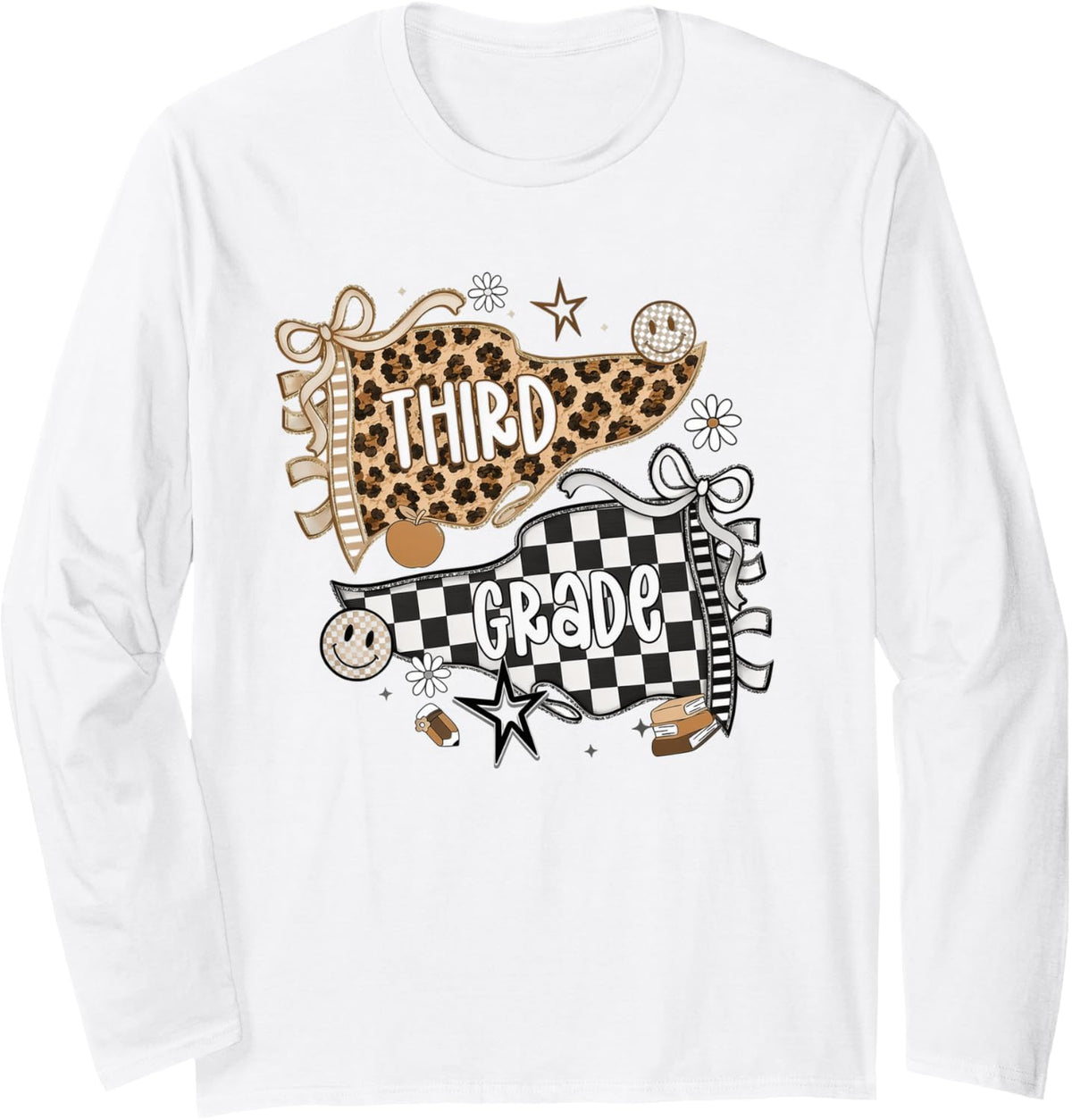 Third Grade Leopard Teacher Pennant Flag Back to School Long Sleeve T-Shirt - Adult Unisex White