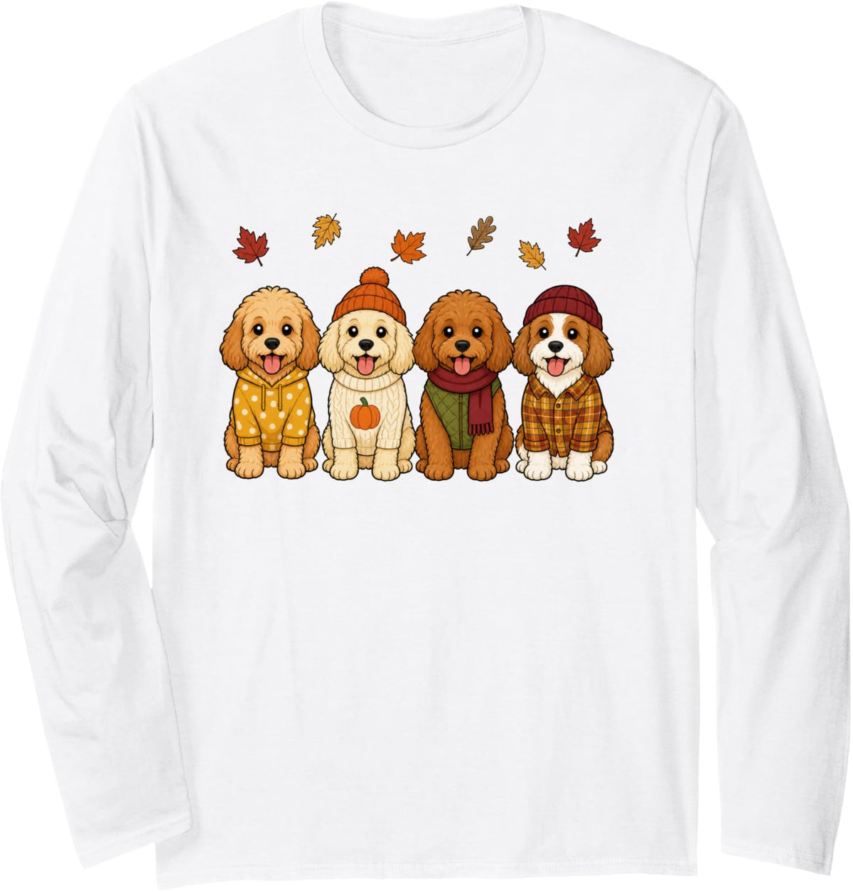 Cavapoo Fall Autumn Season Doodle Dog Pumpkin Long Sleeve T-Shirt - Adult Unisex White