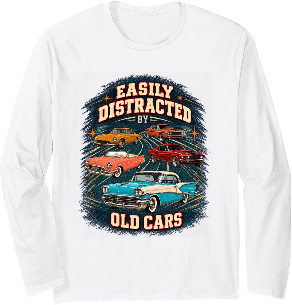 Easily Distracted By Old Cars Vintage Tailfin Classics Long Sleeve T-Shirt - Adult Unisex White