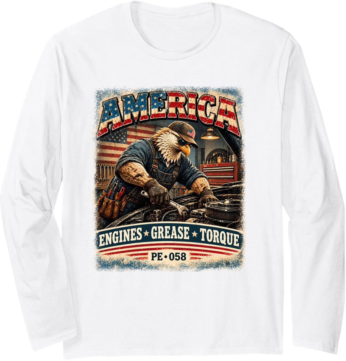 America |Engines Grease Torque | Vintage Eagle Auto Mech Long Sleeve T-Shirt - Adult Unisex White