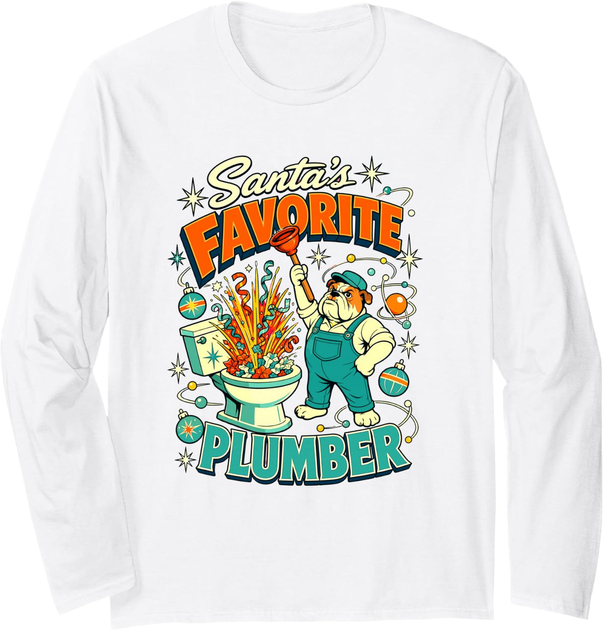 Santas Favorite Plumber Christmas Funny Long Sleeve T-Shirt - Adult Unisex White