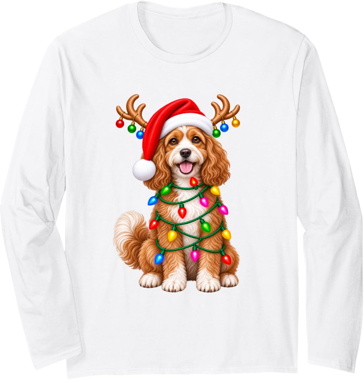 Cavapoo Dog Christmas Dog Reindeer Lights Pajama Xmas Long Sleeve T-Shirt - Adult Unisex White