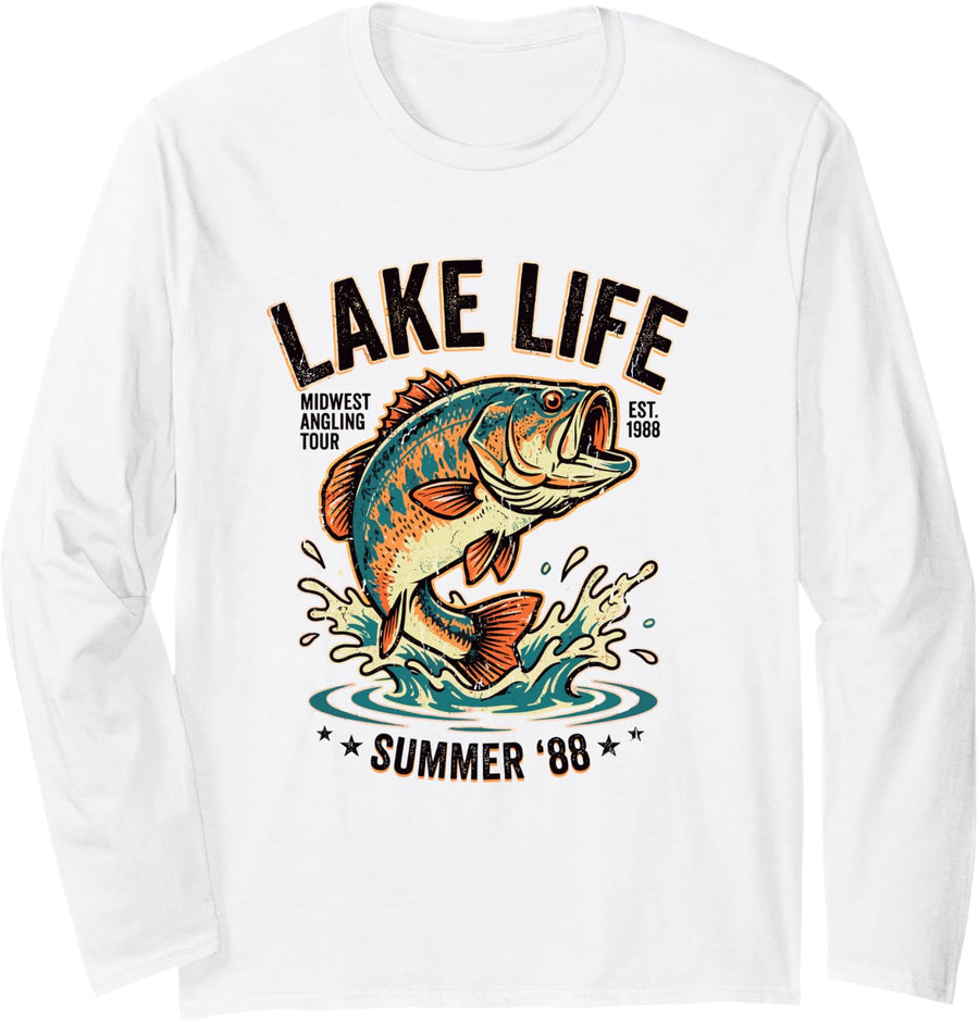 Lake Life Midwest Bass Fishing Summer Angling Tour Long Sleeve T-Shirt - Adult Unisex White