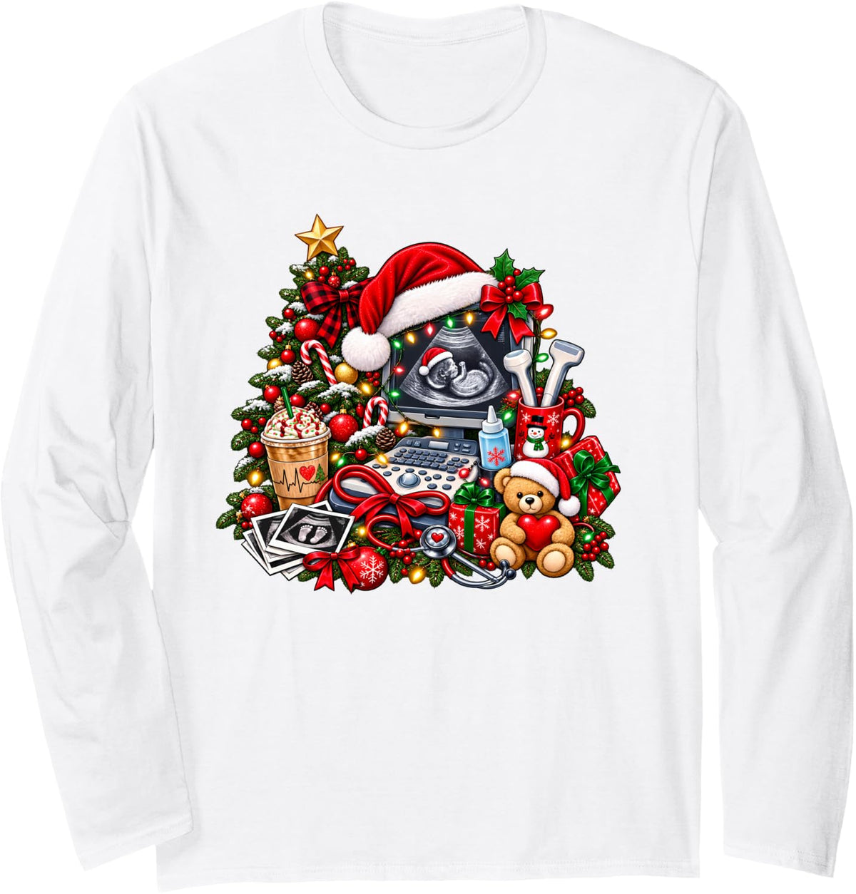Christmas Sonographer Ultrasound Tech Christmas Technologist Long Sleeve T-Shirt - Adult Unisex White