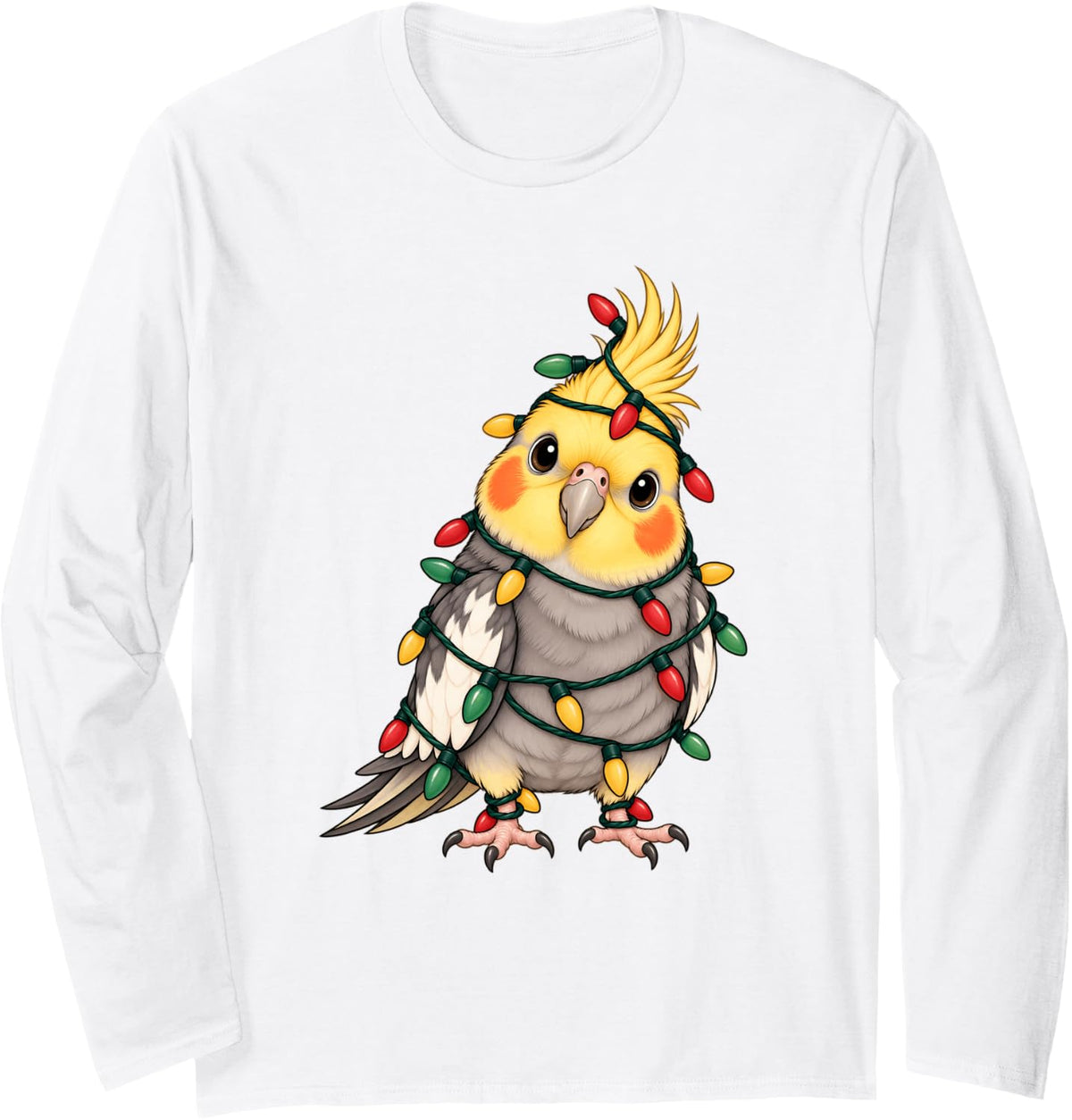 Cockatiel Christmas Lights Funny Xmas Holiday Bird Lovers Long Sleeve T-Shirt - Adult Unisex White
