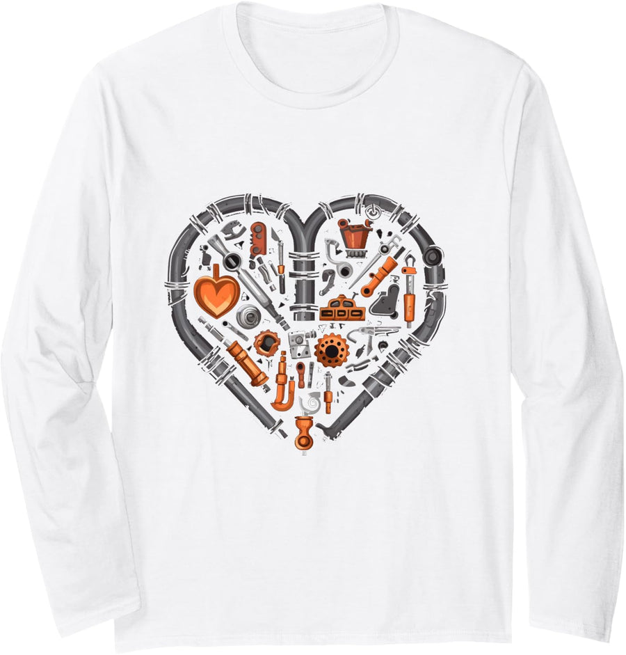 Plumber's Heart PVC Pipes Funny Plumbing Outfit Men Long Sleeve T-Shirt - Adult Unisex White