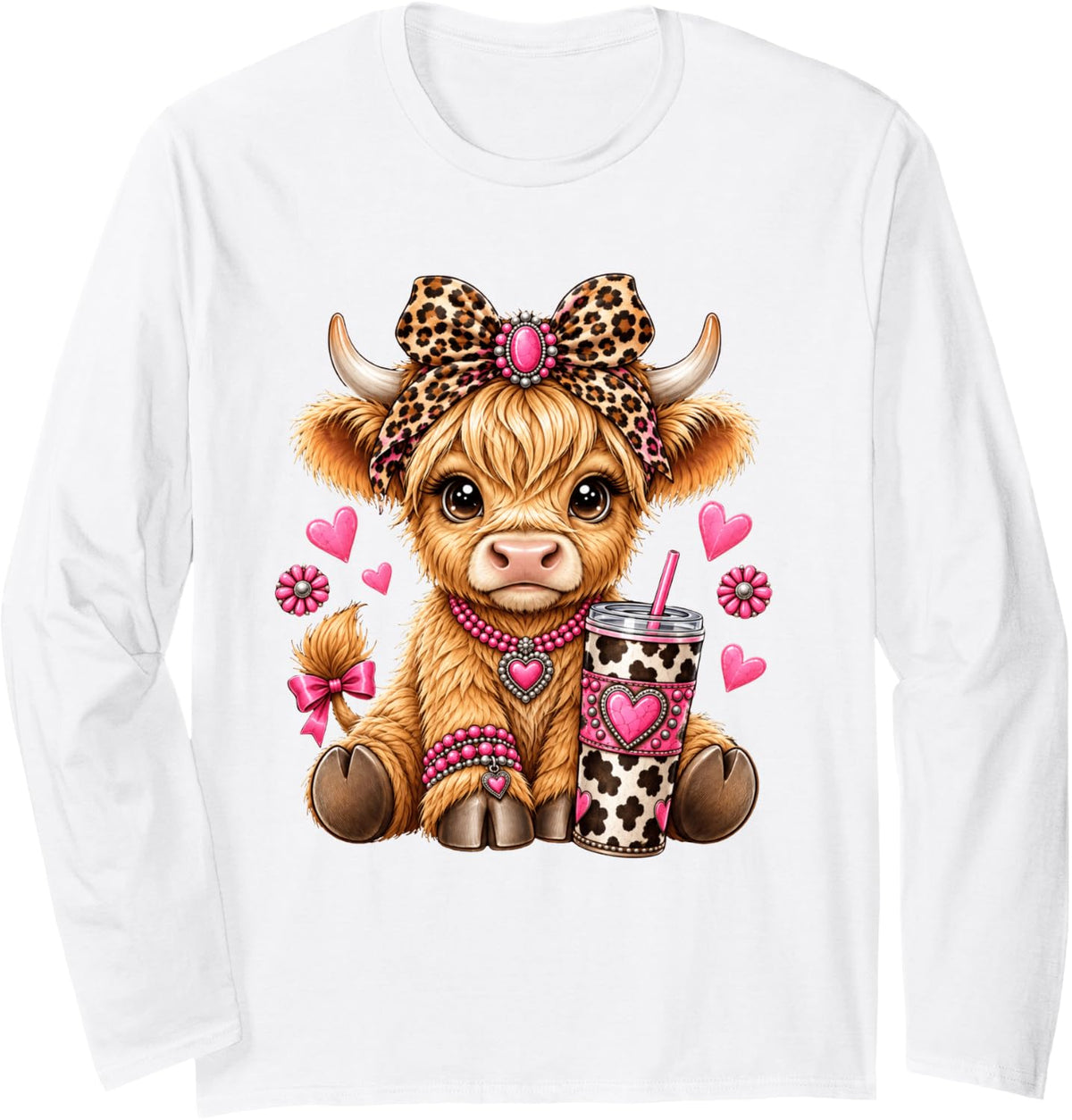 Highland Cow Drink Coffee Leopard Bow Western Cowgirl Women Long Sleeve T-Shirt - Adult Unisex White