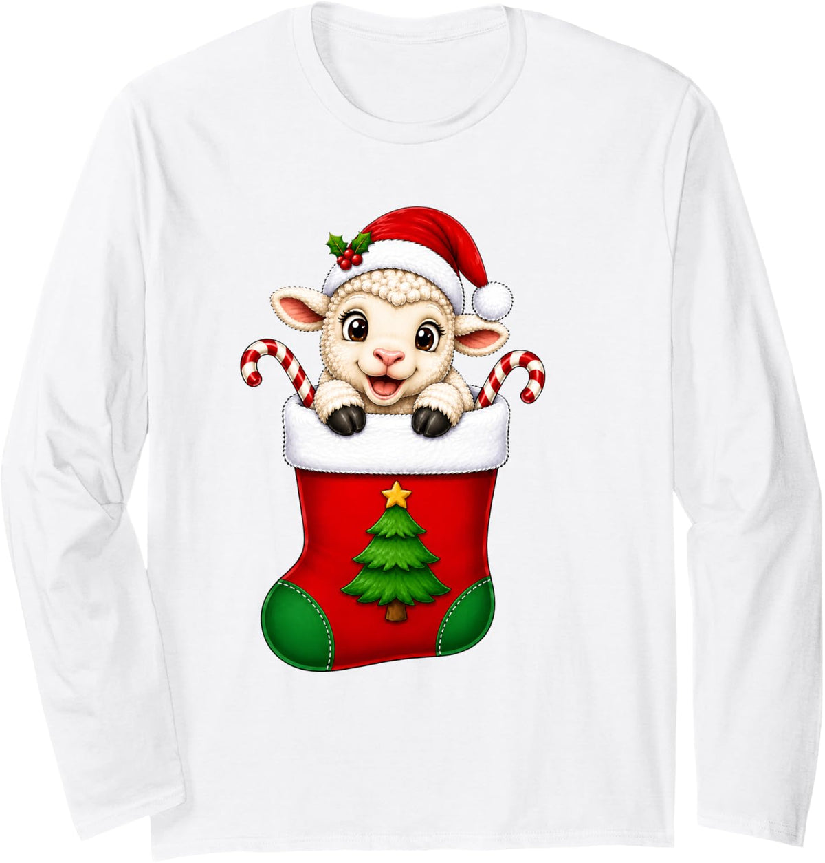 Cute Santa Hat Lamb Sheep in Christmas Stocking Long Sleeve T-Shirt - Adult Unisex White