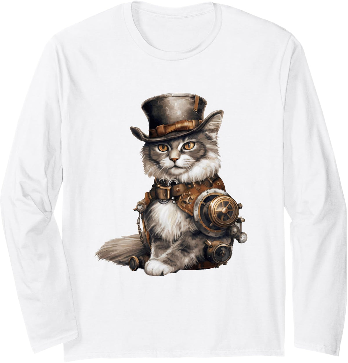 Steampunk Cat with Hat Graphic Design Cat Lover Art Fantasy Long Sleeve T-Shirt - Adult Unisex White