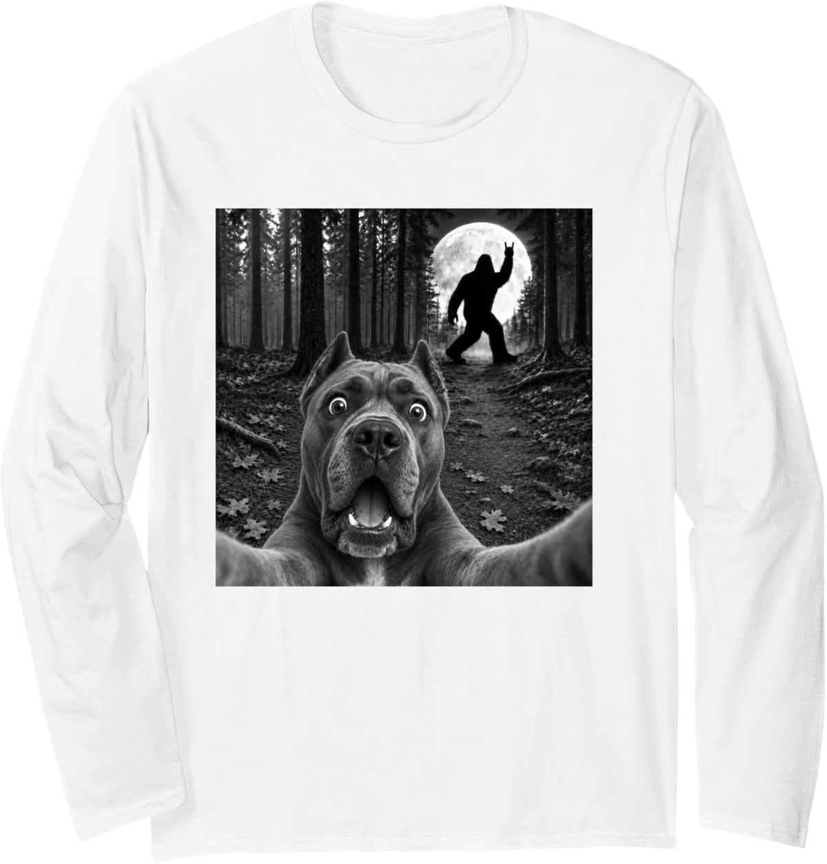 Cane Corso Selfie with Bigfoot Rock and Roll Dog Sasquatch Long Sleeve T-Shirt - Adult Unisex White