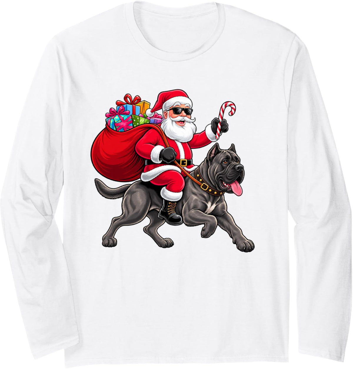 Xmas Santa Riding Cane Corso Lovers Pet Dog Christmas Long Sleeve T-Shirt - Adult Unisex White
