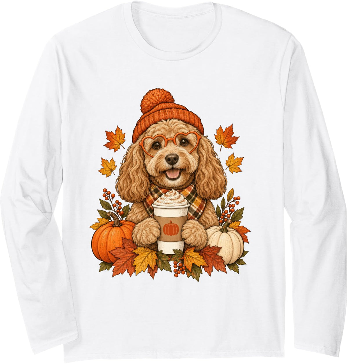 Cockapoo Fall Autumn Season Pumpkin Spice Doodle Dog Long Sleeve T-Shirt - Adult Unisex White