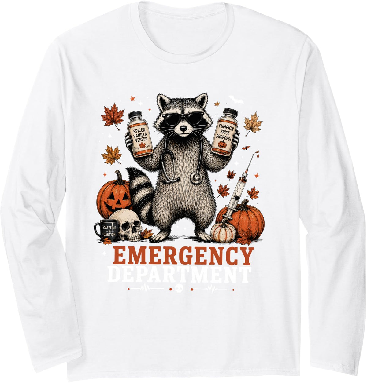Raccoon ER Nurse Halloween Spooky Emergency Department Long Sleeve T-Shirt - Adult Unisex White