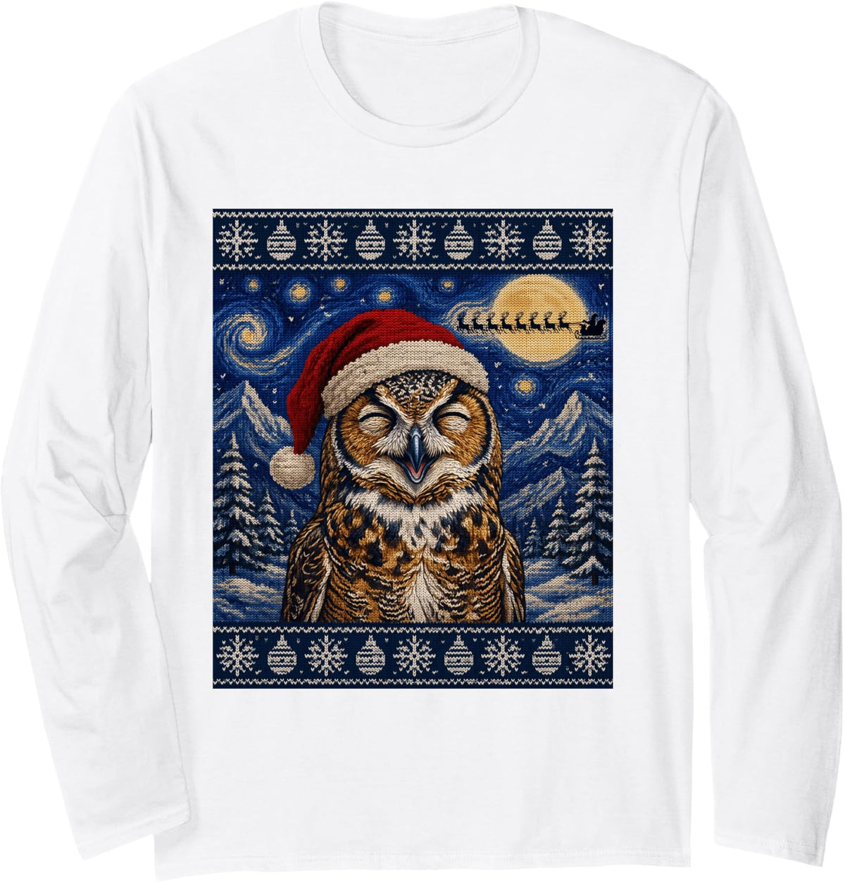 Great Horned Owl Santa Ugly Christmas Long Sleeve T-Shirt - Adult Unisex White