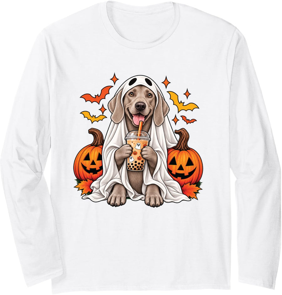 Weimaraner Hunting Dog Ghost Halloween Pumpkin Bubble Tea Long Sleeve T-Shirt - Adult Unisex White