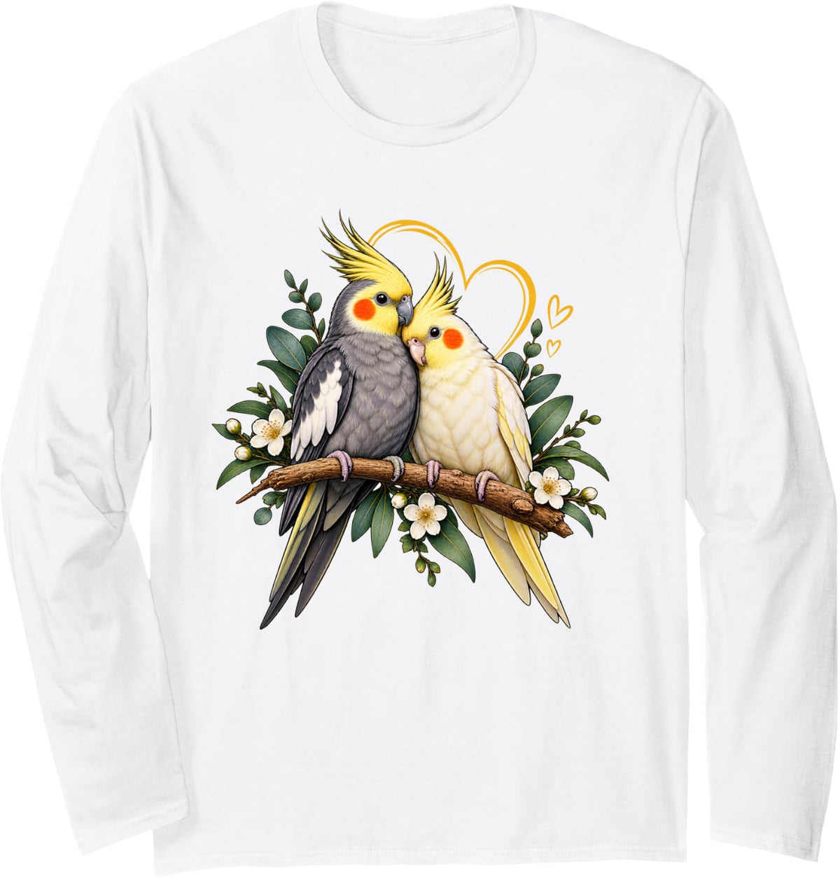 Cockatiel Couple On Branch with Flowers Bird Lovers Art Long Sleeve T-Shirt - Adult Unisex White