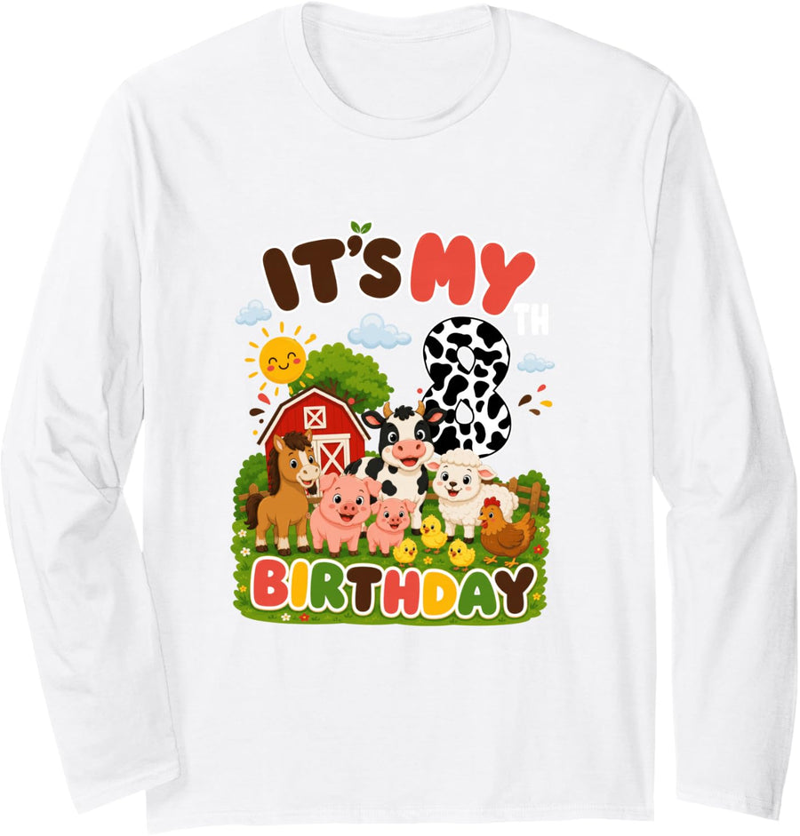 Birthday 8 Year Old Farm Animals Theme Lover 8th Party Long Sleeve T-Shirt - Adult Unisex White