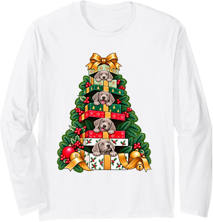 Weimaraner Stacked Wrapped Boxes Holiday Tree Surprise Long Sleeve T-Shirt - Adult Unisex White