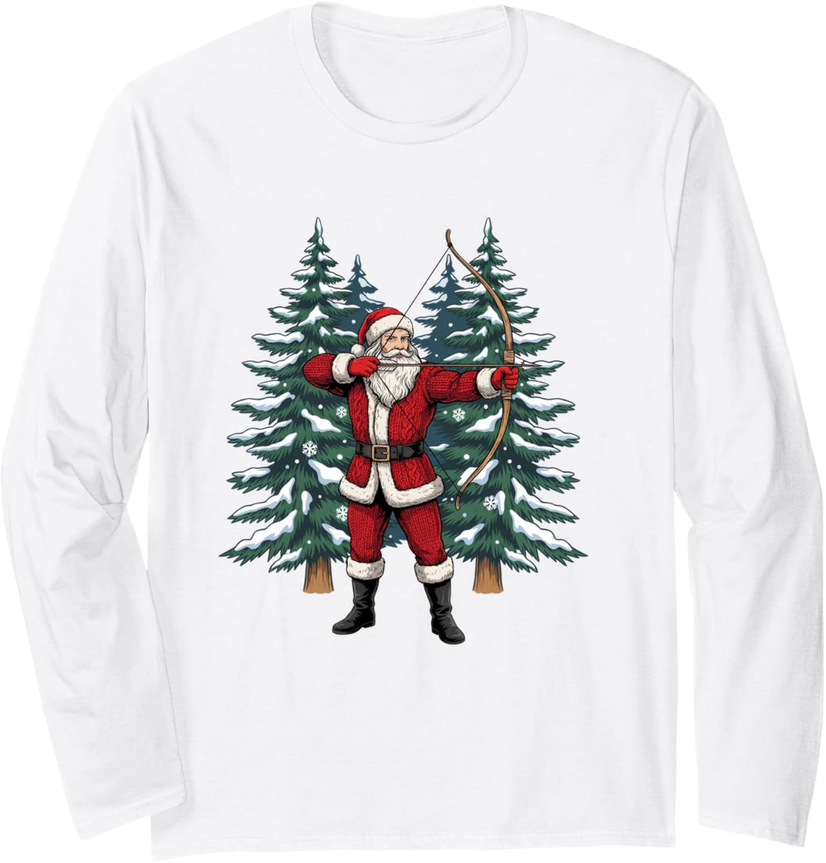 Cozy Santa Claus Shooting Archery Funny Christmas Holiday Long Sleeve T-Shirt - Adult Unisex White