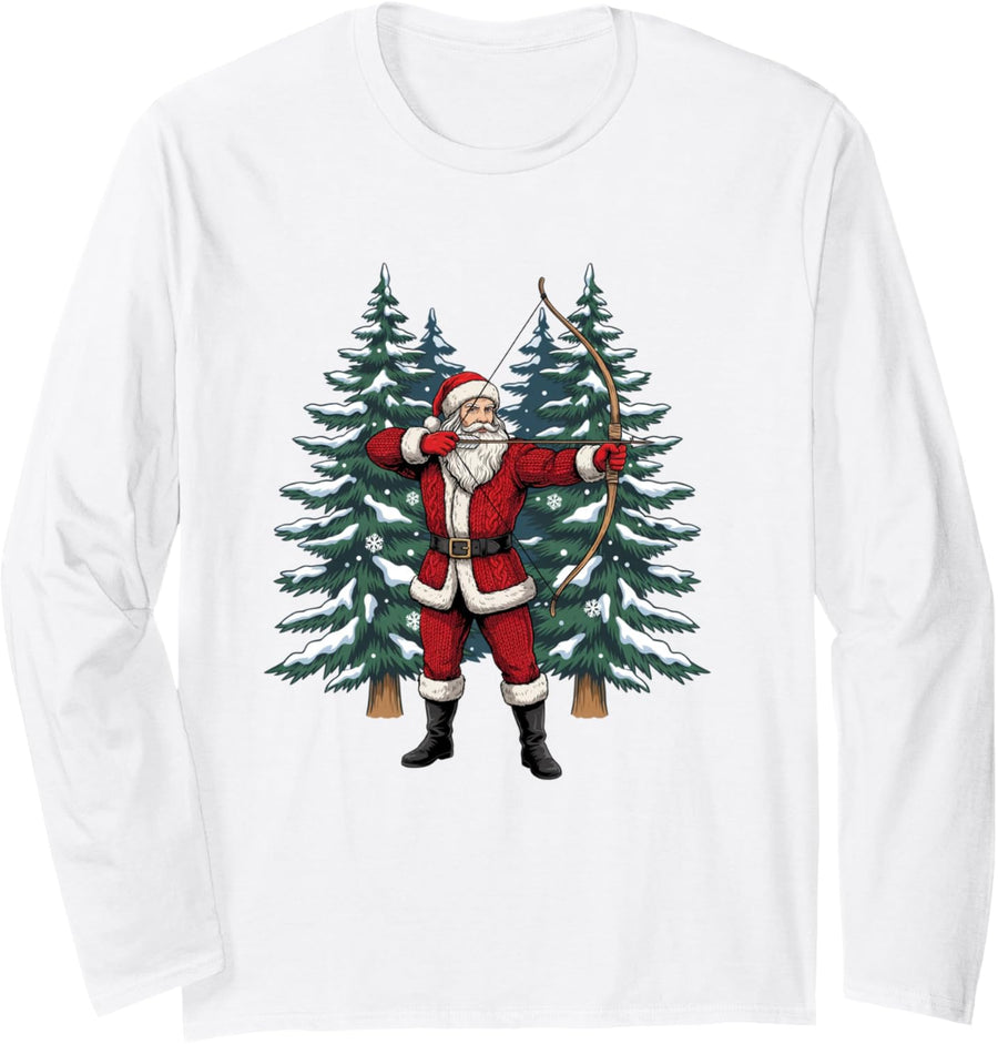 Cozy Santa Claus Shooting Archery Funny Christmas Holiday Long Sleeve T-Shirt - Adult Unisex White