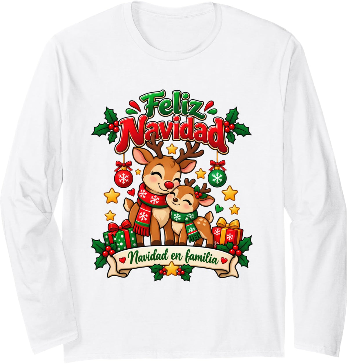 Feliz Navidad Spanish Christmas Cute Reindeer Family Long Sleeve T-Shirt - Adult Unisex White