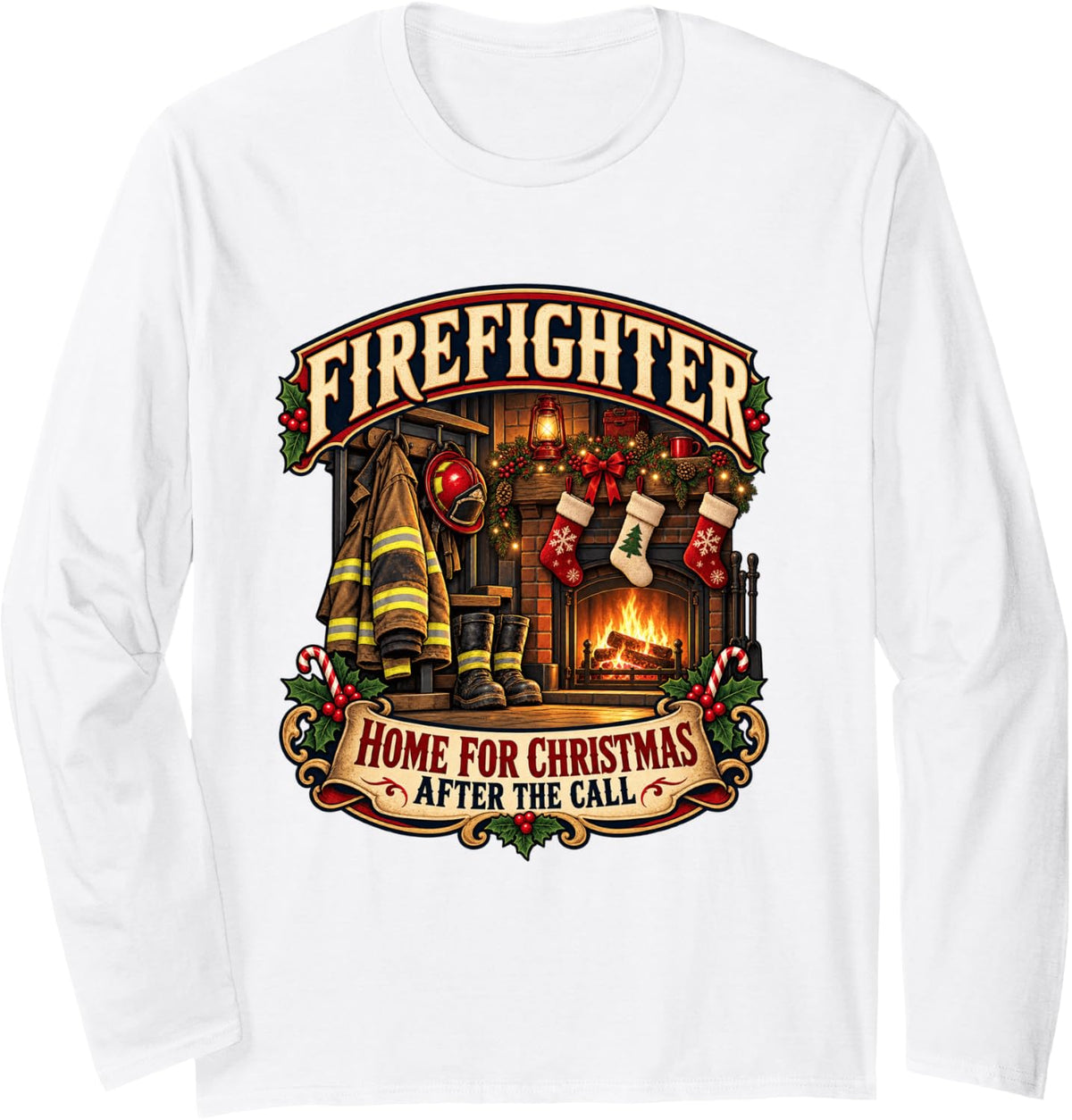 Firefighter Home for Christmas After The Call Holiday Long Sleeve T-Shirt - Adult Unisex White