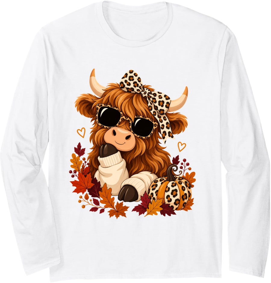 Cute Highland Cow Leopard Bow Fall Autumn Pumpkin Sunglasses Long Sleeve T-Shirt - Adult Unisex White