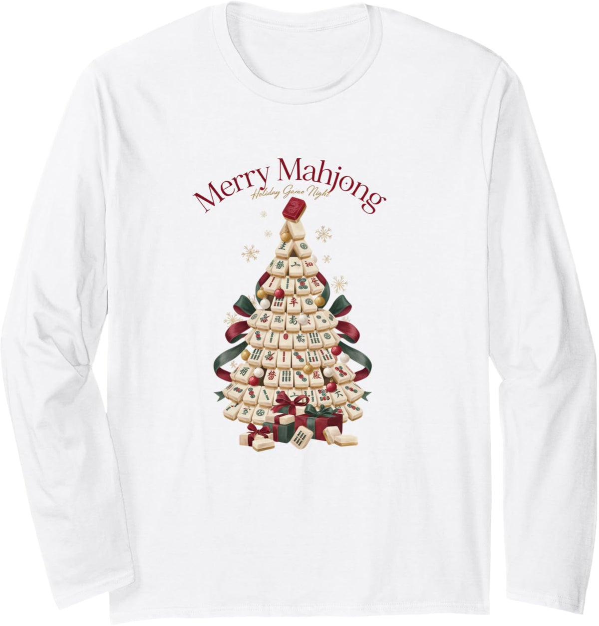 Merry Mahjong Christmas Tree Design for Game Night Long Sleeve T-Shirt - Adult Unisex White