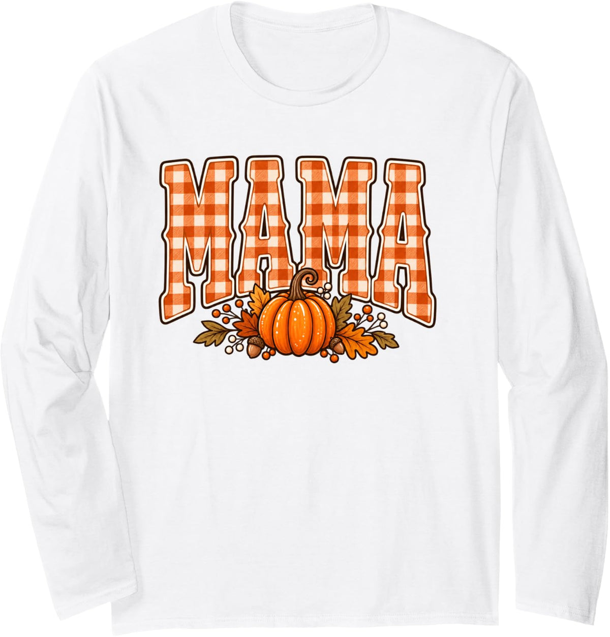 Mama Pumpkin Halloween Mom Autumn Buffalo Plaid Long Sleeve T-Shirt - Adult Unisex White