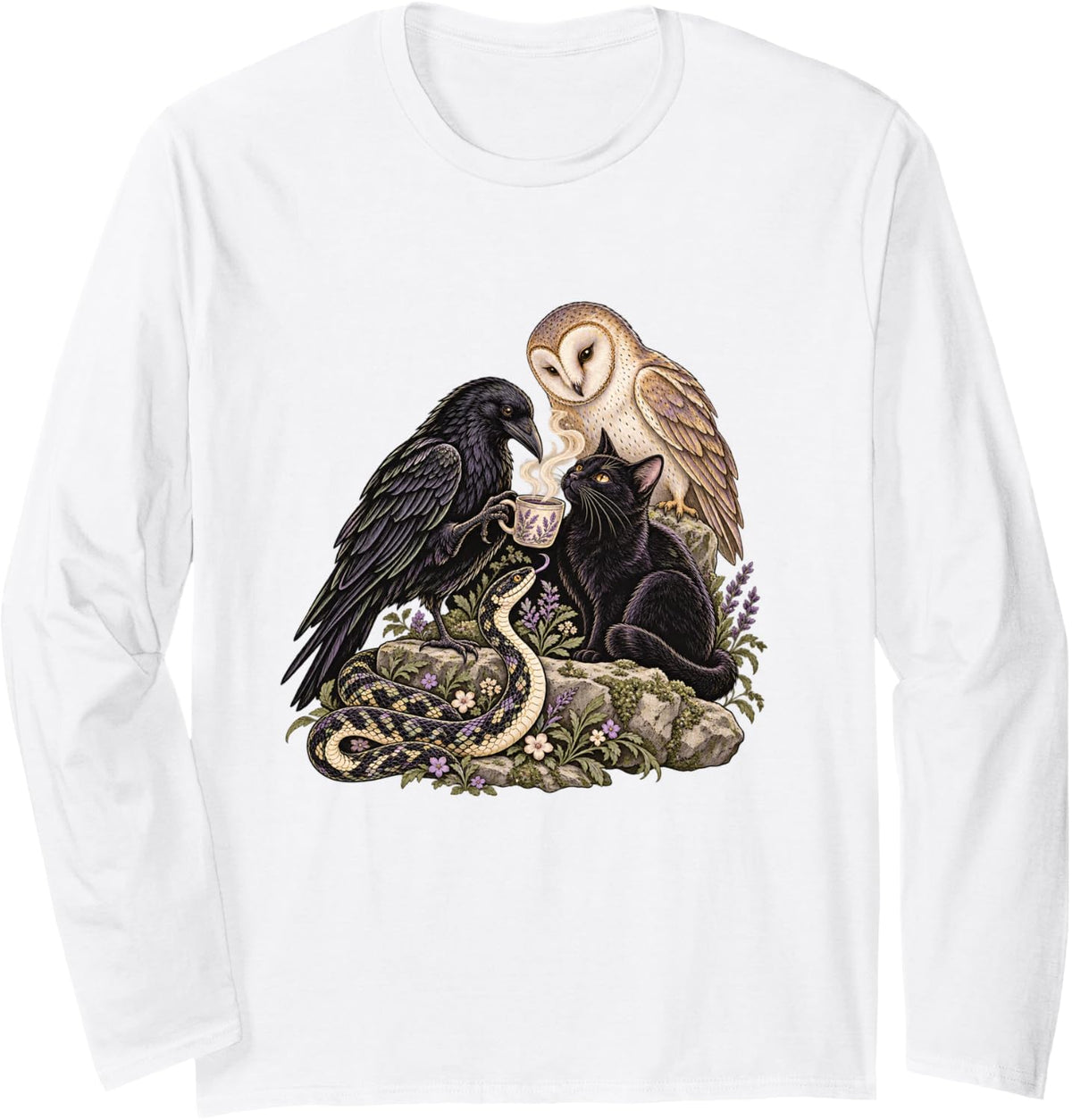 Spooky Gothic Raven Owl Black Cat Snake Halloween Long Sleeve T-Shirt - Adult Unisex White