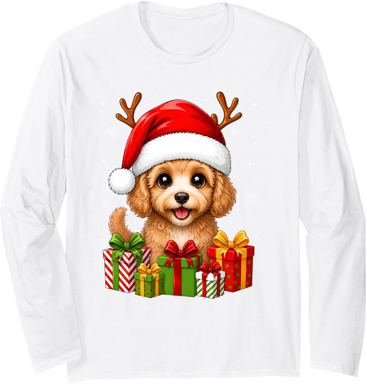 Xmas Decor Cute Festive Santa Hat Cockapoo Dog Christmas Long Sleeve T-Shirt - Adult Unisex White