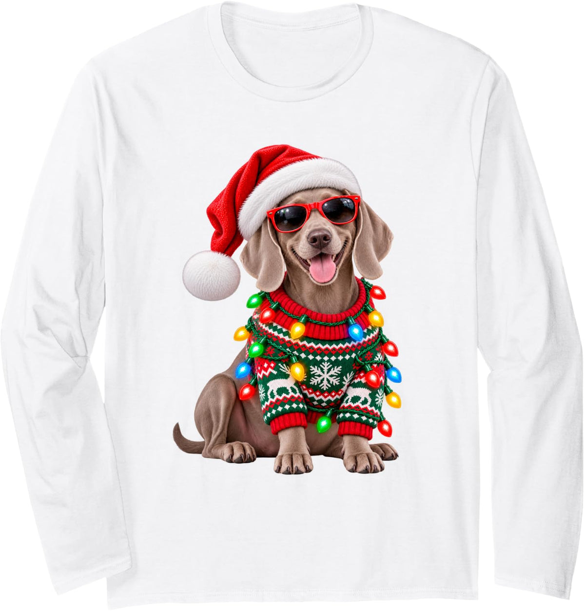 Weimaraner Christmas Lights Santa Hat Sunglasses Long Sleeve T-Shirt - Adult Unisex White