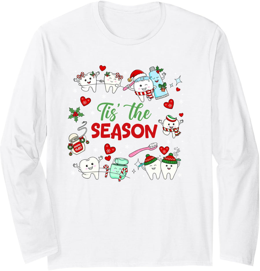 Funny Christmas Dentist Dental Squad Dental Hygienist Long Sleeve T-Shirt - Adult Unisex White