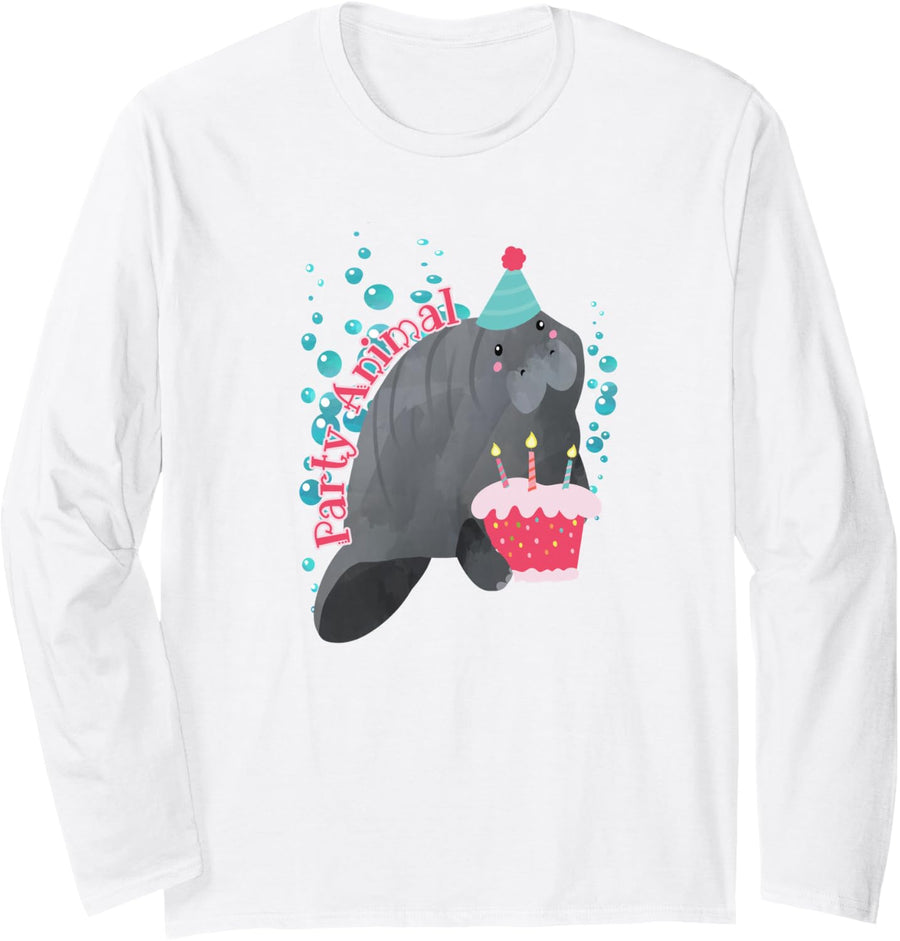 Manatee Party Animal Florida Gift Birthday Theme with Cake Long Sleeve T-Shirt - Adult Unisex White