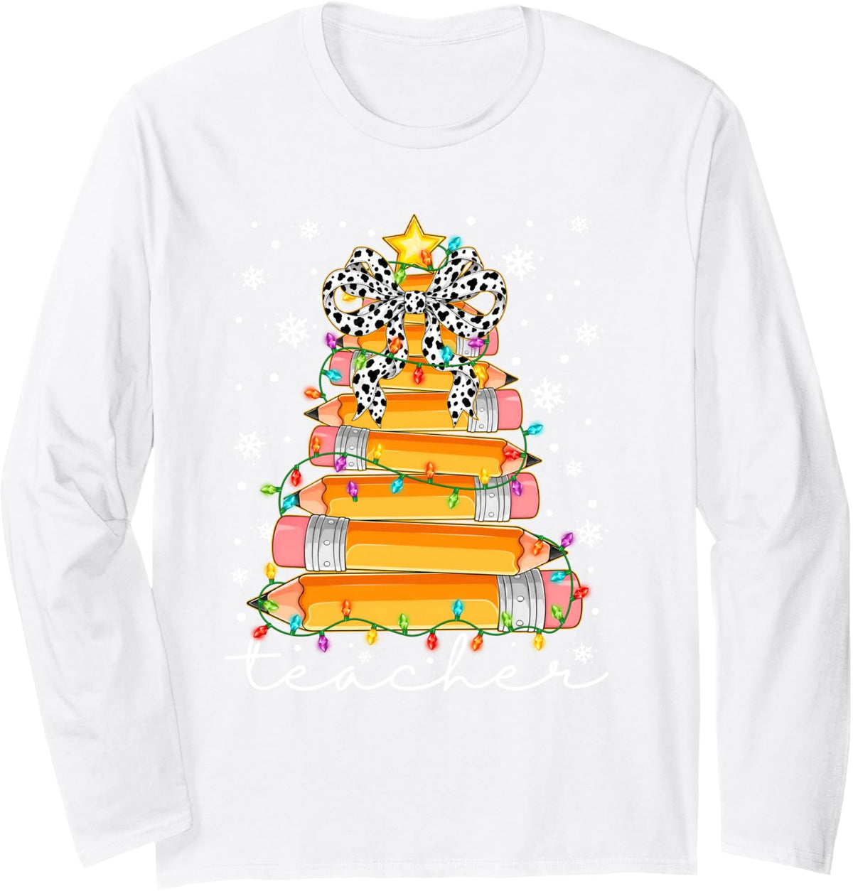 Teacher Pencil Christmas Tree Coquette Bow Women Xmas PJS Long Sleeve T-Shirt - Adult Unisex White
