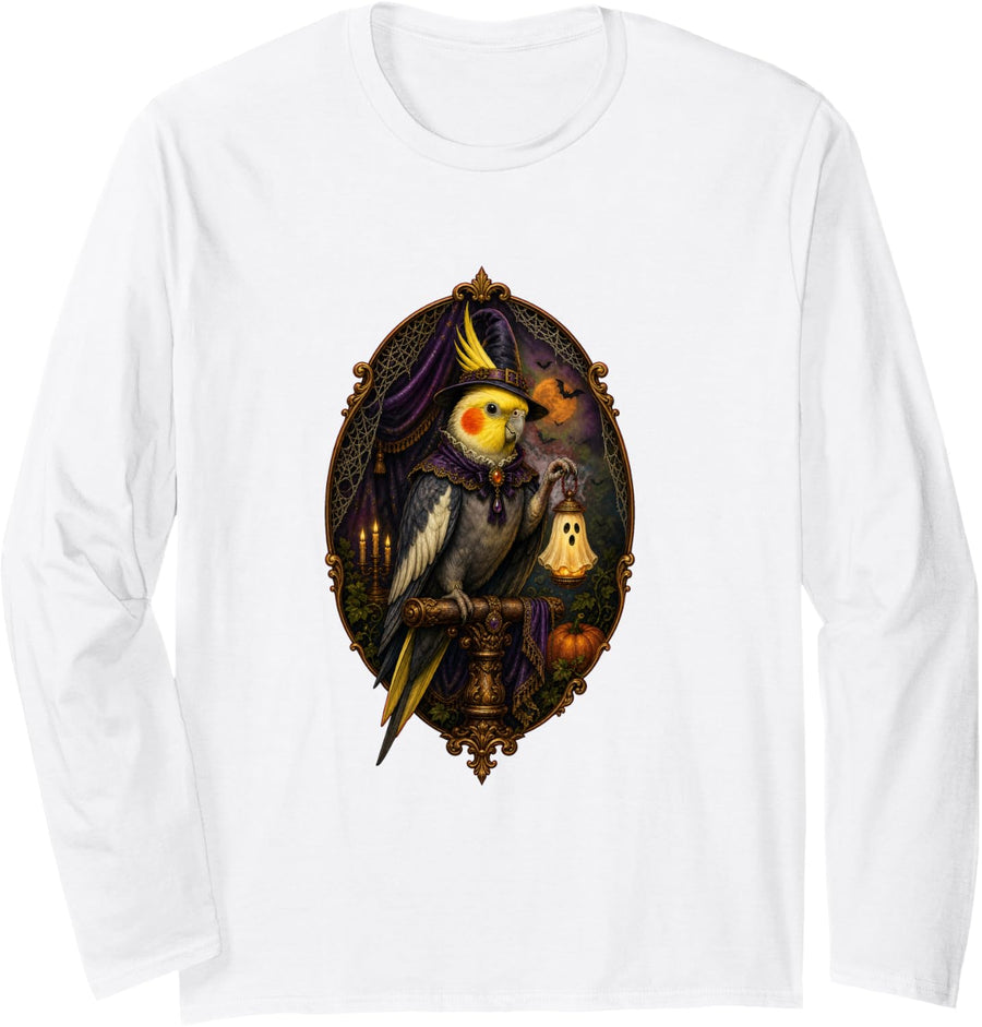 Halloween Cockatiel Witch Bird Parrot Long Sleeve T-Shirt - Adult Unisex White