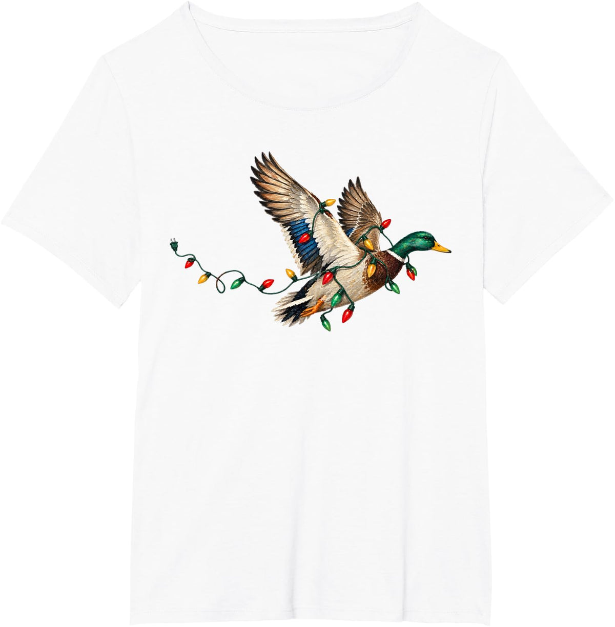Flying Mallard Duck Santa Hat Christmas Lights Wildlife T-Shirt - White