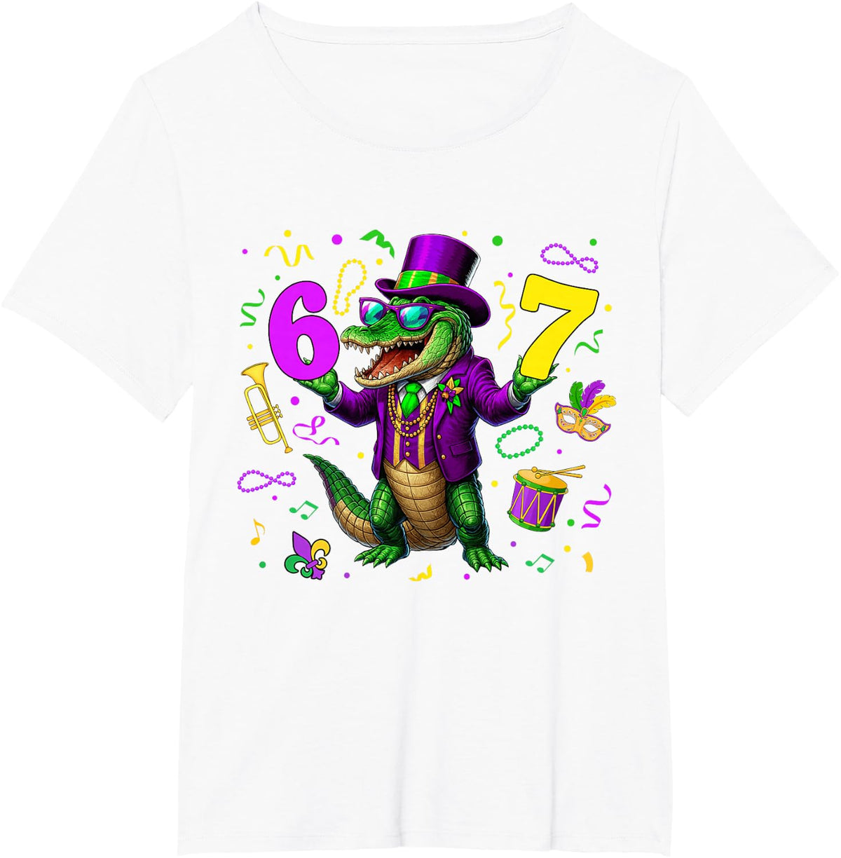 Alligator Six Seven Bruh 6 7 Meme Mardi Gras Carnival Kids T-Shirt - White