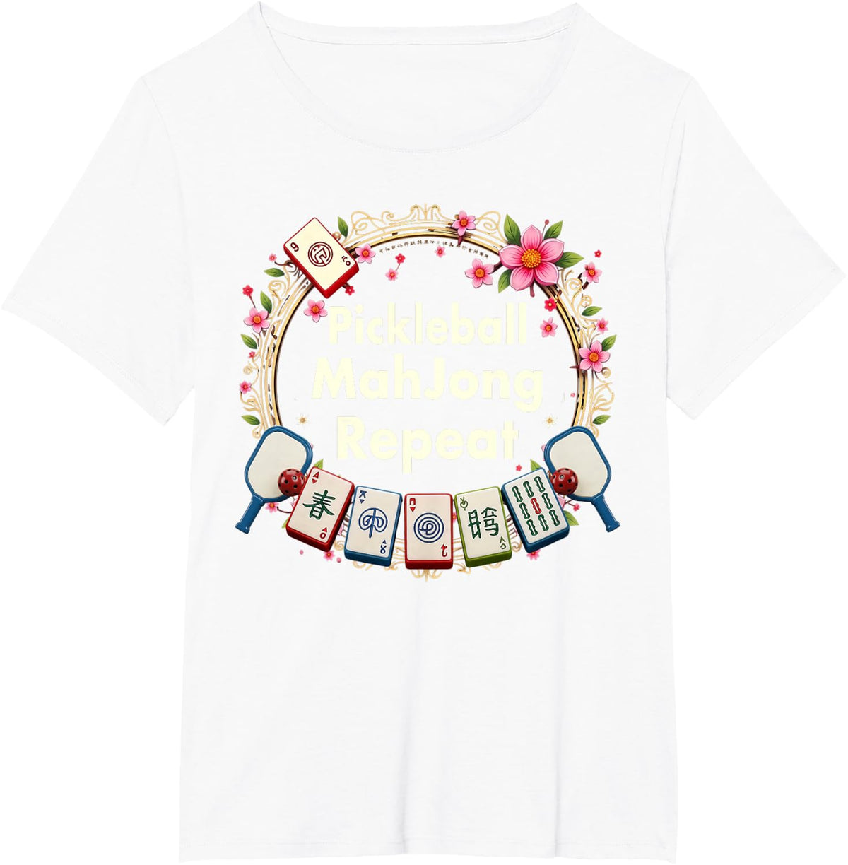 Pickleball Mahjong Repeat Pickle Mahj Flower Social Club T-Shirt - White