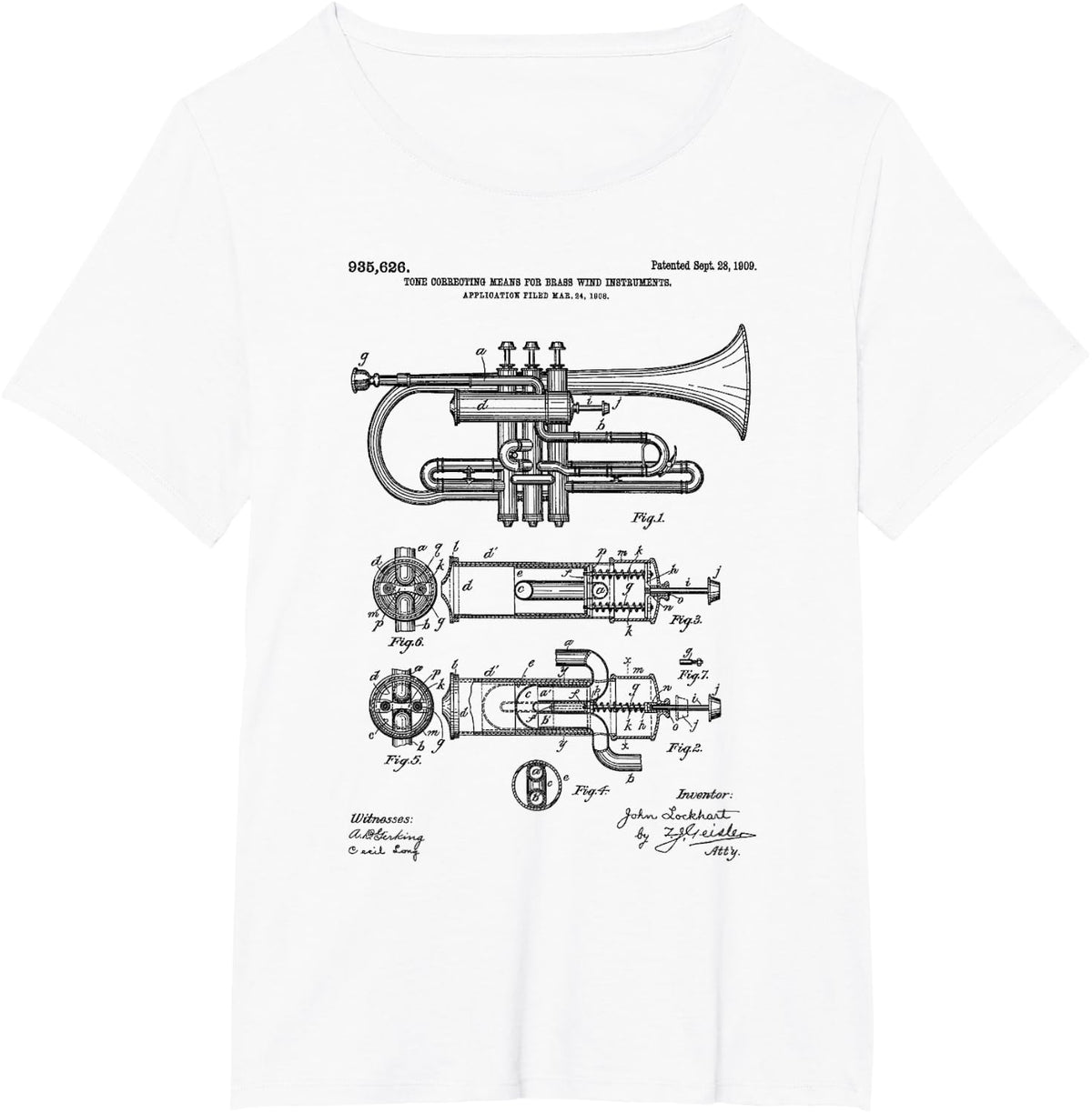 Trumpet Blueprint Vintage Patent Instrument Trumpet Player T-Shirt - White