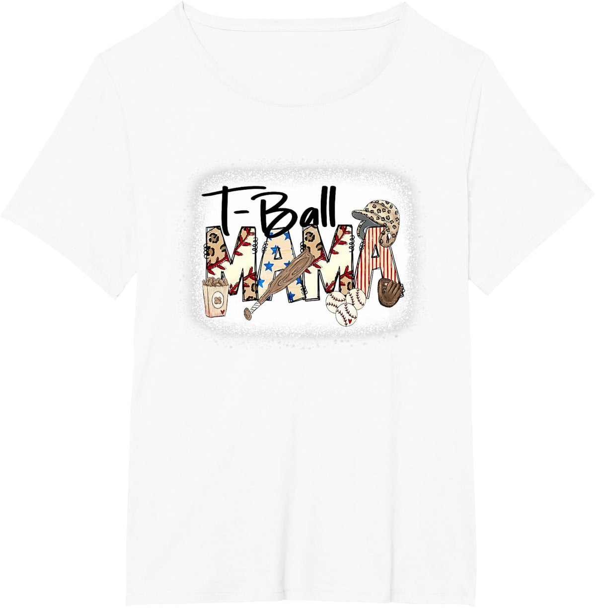 T Ball Mom Leopard Mother's Day Mama Tee Ball Bleached Funny T-Shirt - White