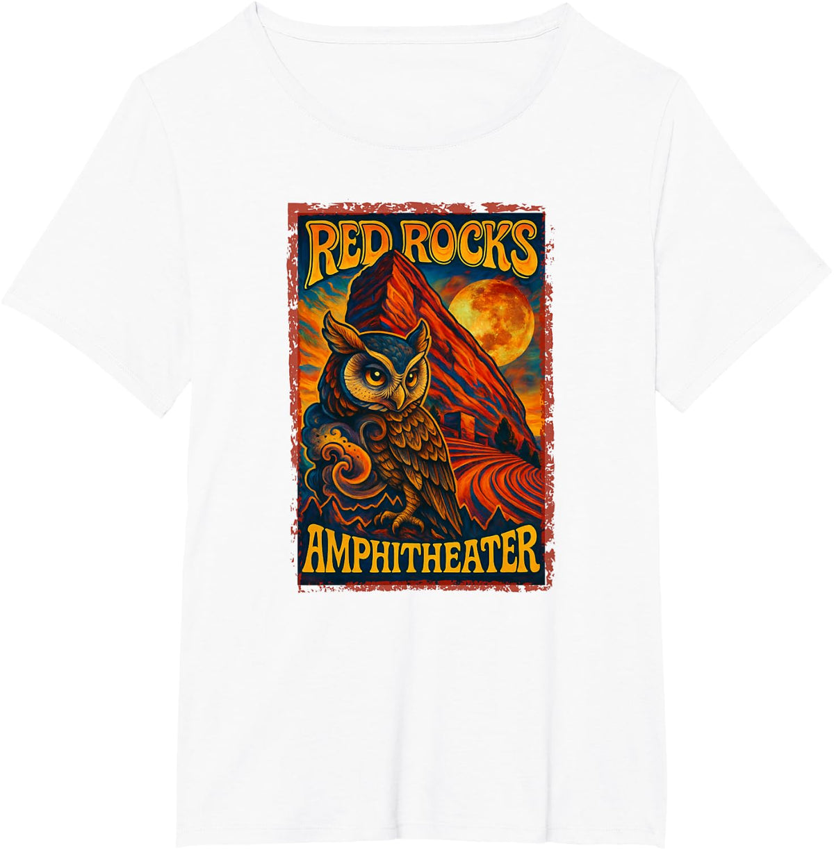 Red Rocks Amphitheater Morrison, Colorado, Rock Poster Owl T-Shirt - White