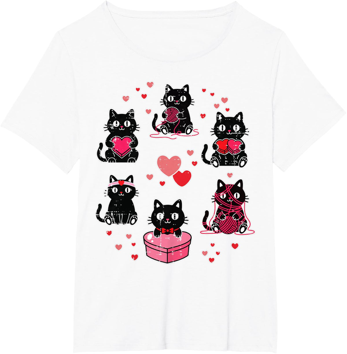 Valentines Day Black Cats Heart Yarn Kitten Girls Kid Women T-Shirt - White