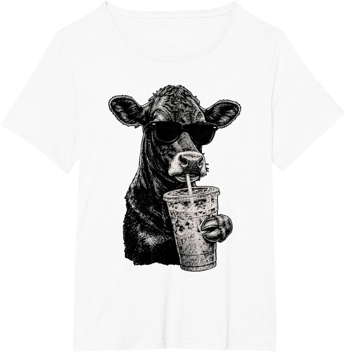 Cow Drinking Iced Coffee Farm Animal Humor T-Shirt - White