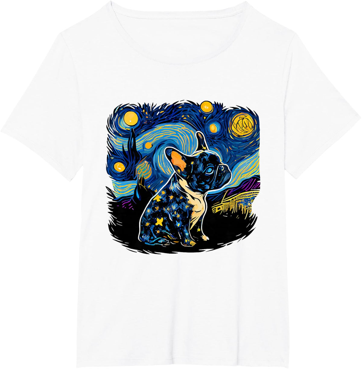 Black Frenchie French Bulldog Starry Night Van Gogh Colorful T-Shirt - White