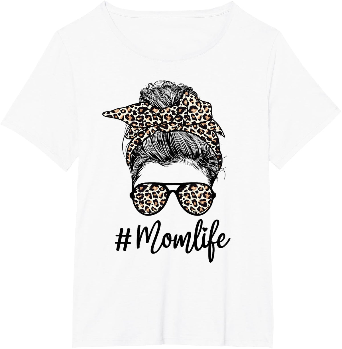 Mom Life Leopard Messy Bun Hair Bandana Glasses T-Shirt - White