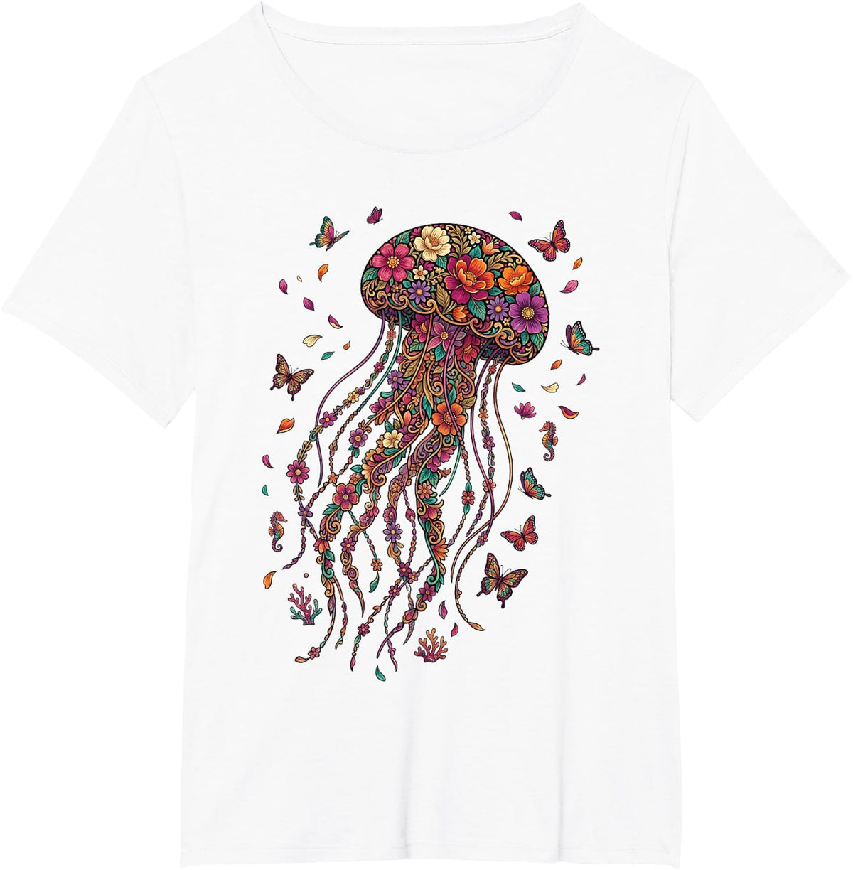 Jellyfish Colorful Floral Butterfly Flowers Botanical T-Shirt - White